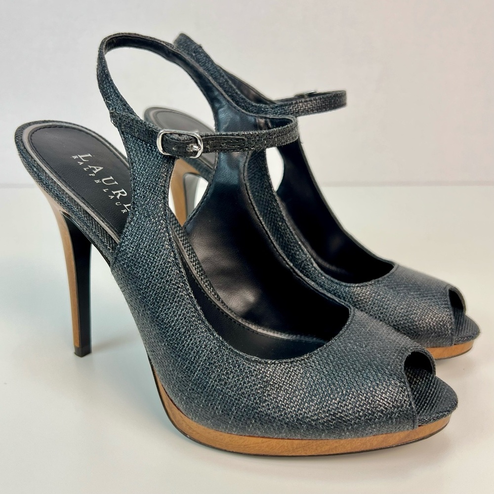 Lauren Ralph Lauren Metallic Charcoal Open-Toe Slingback Heels